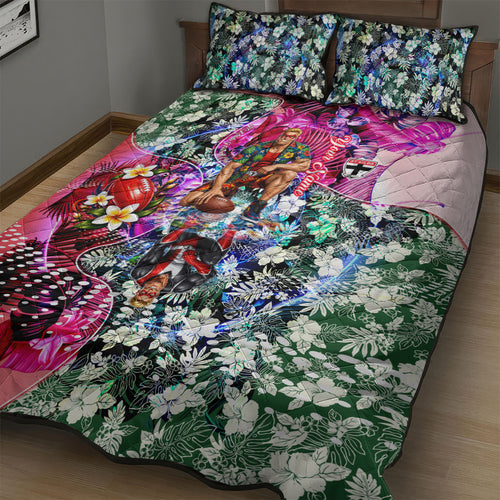 Personalized St Kilda Football Saints Quilt Bed Set Tropical Hibiscus Flowers - Pacific Fusion Style