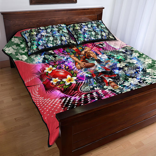 Personalized St Kilda Football Saints Quilt Bed Set Tropical Hibiscus Flowers - Pacific Fusion Style