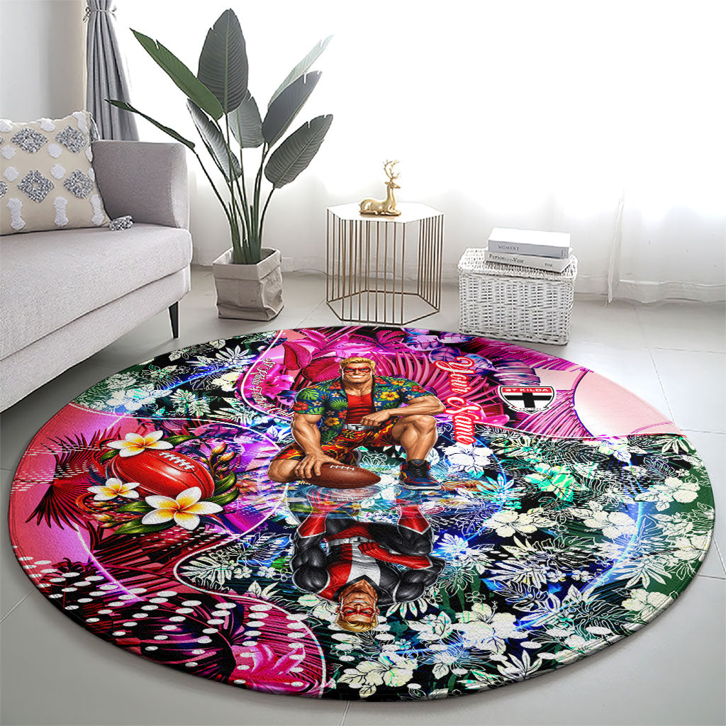 Personalized St Kilda Football Saints Round Carpet Tropical Hibiscus Flowers - Pacific Fusion Style