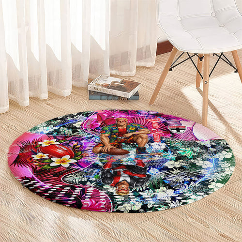 Personalized St Kilda Football Saints Round Carpet Tropical Hibiscus Flowers - Pacific Fusion Style