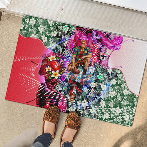 Personalized St Kilda Football Saints Rubber Doormat Tropical Hibiscus Flowers - Pacific Fusion Style