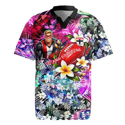 Personalized St Kilda Football Saints Rugby Jersey Tropical Hibiscus Flowers - Pacific Fusion Style