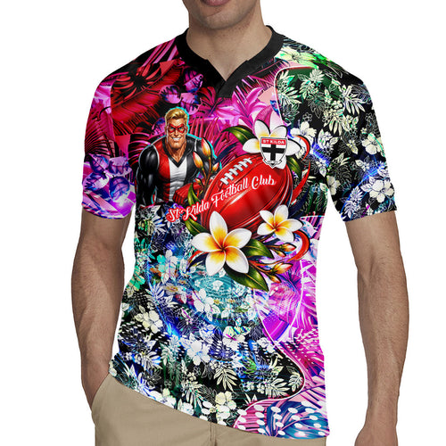Personalized St Kilda Football Saints Rugby Jersey Tropical Hibiscus Flowers - Pacific Fusion Style