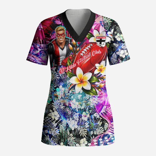 Personalized St Kilda Football Saints Scrub Top Tropical Hibiscus Flowers - Pacific Fusion Style