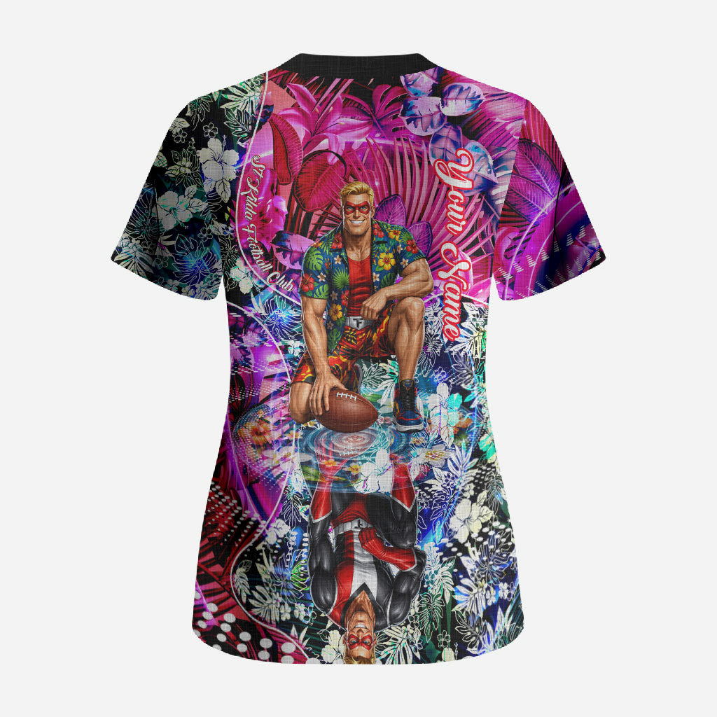 Personalized St Kilda Football Saints Scrub Top Tropical Hibiscus Flowers - Pacific Fusion Style
