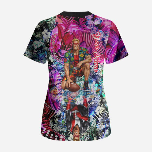 Personalized St Kilda Football Saints Scrub Top Tropical Hibiscus Flowers - Pacific Fusion Style