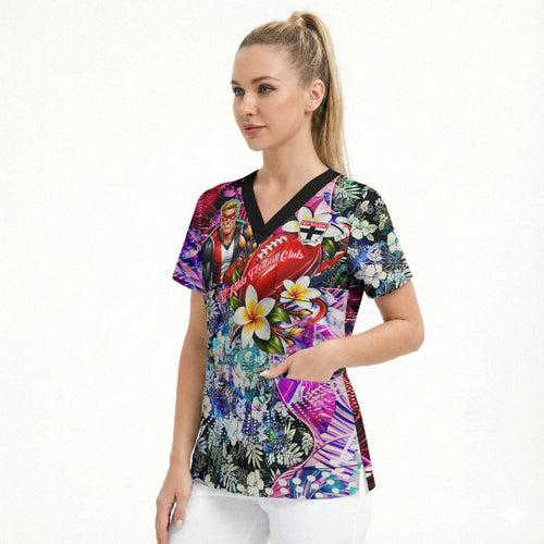 Personalized St Kilda Football Saints Scrub Top Tropical Hibiscus Flowers - Pacific Fusion Style