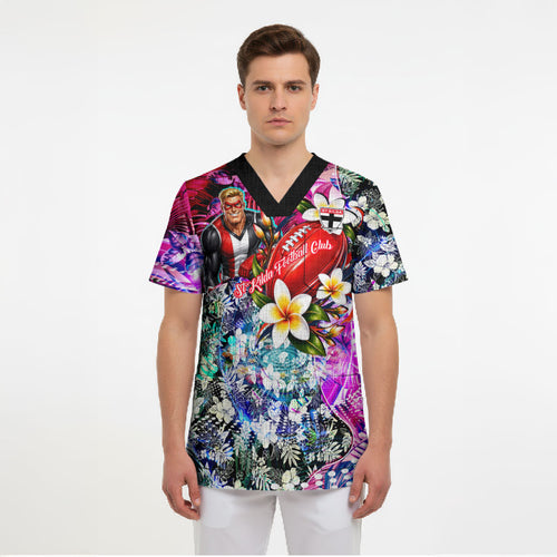 Personalized St Kilda Football Saints Scrub Top Tropical Hibiscus Flowers - Pacific Fusion Style