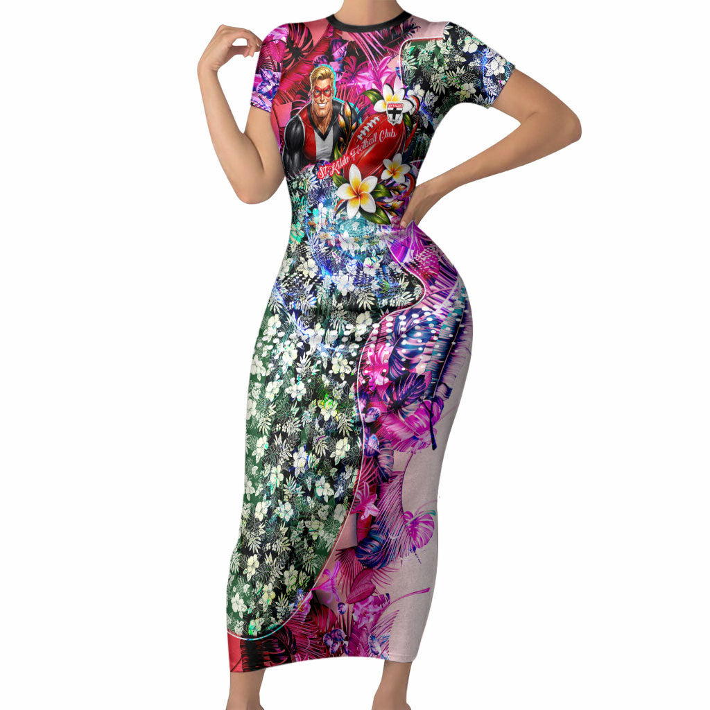 Personalized St Kilda Football Saints Short Sleeve Bodycon Dress Tropical Hibiscus Flowers - Pacific Fusion Style