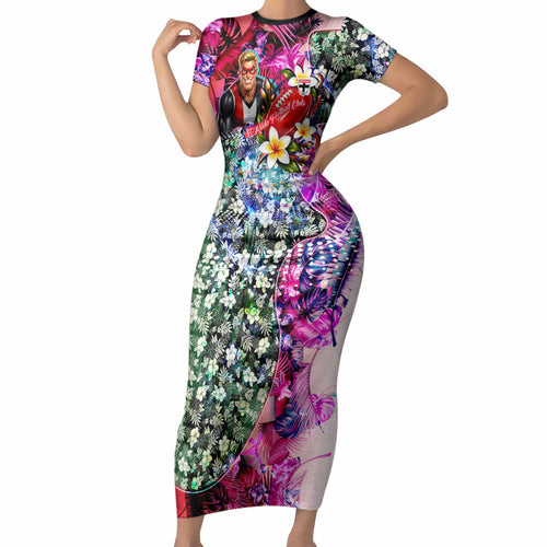 Personalized St Kilda Football Saints Short Sleeve Bodycon Dress Tropical Hibiscus Flowers - Pacific Fusion Style