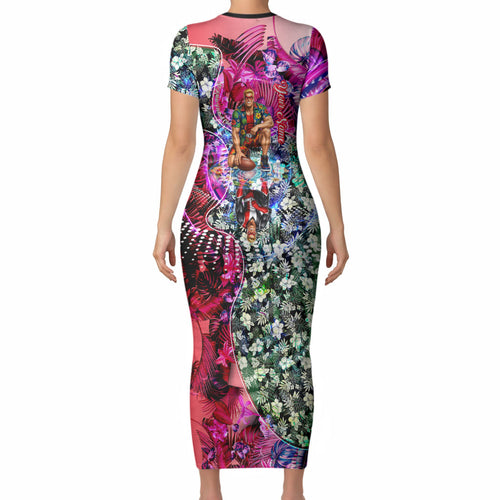 Personalized St Kilda Football Saints Short Sleeve Bodycon Dress Tropical Hibiscus Flowers - Pacific Fusion Style