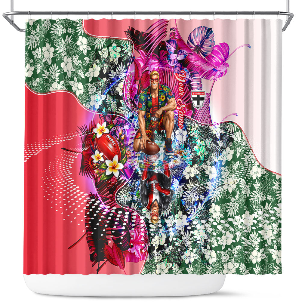 Personalized St Kilda Football Saints Shower Curtain Tropical Hibiscus Flowers - Pacific Fusion Style