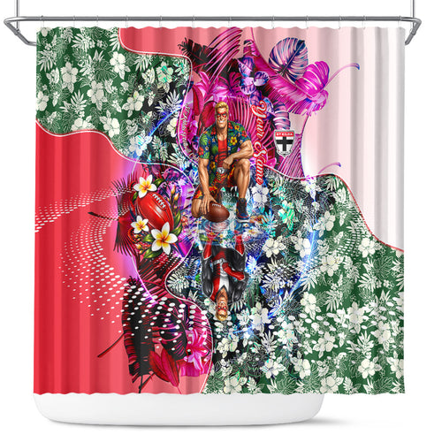 Personalized St Kilda Football Saints Shower Curtain Tropical Hibiscus Flowers - Pacific Fusion Style