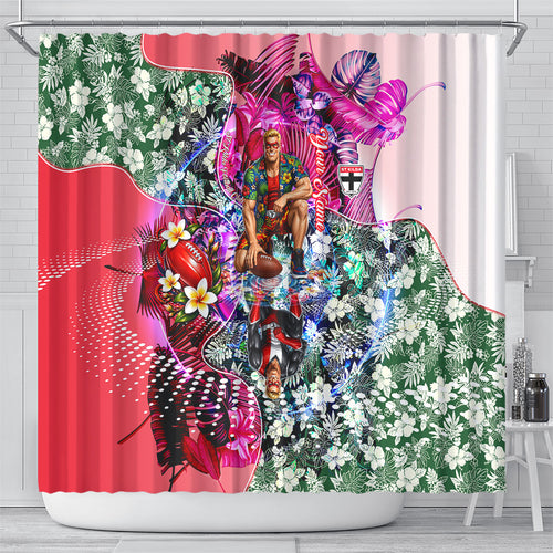 Personalized St Kilda Football Saints Shower Curtain Tropical Hibiscus Flowers - Pacific Fusion Style
