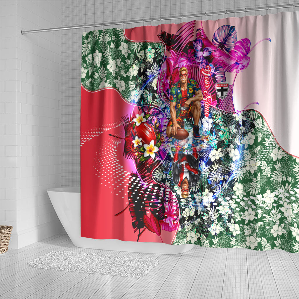 Personalized St Kilda Football Saints Shower Curtain Tropical Hibiscus Flowers - Pacific Fusion Style