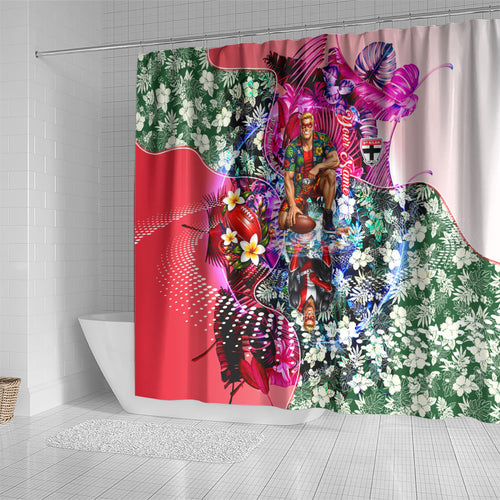 Personalized St Kilda Football Saints Shower Curtain Tropical Hibiscus Flowers - Pacific Fusion Style