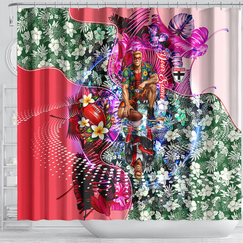 Personalized St Kilda Football Saints Shower Curtain Tropical Hibiscus Flowers - Pacific Fusion Style