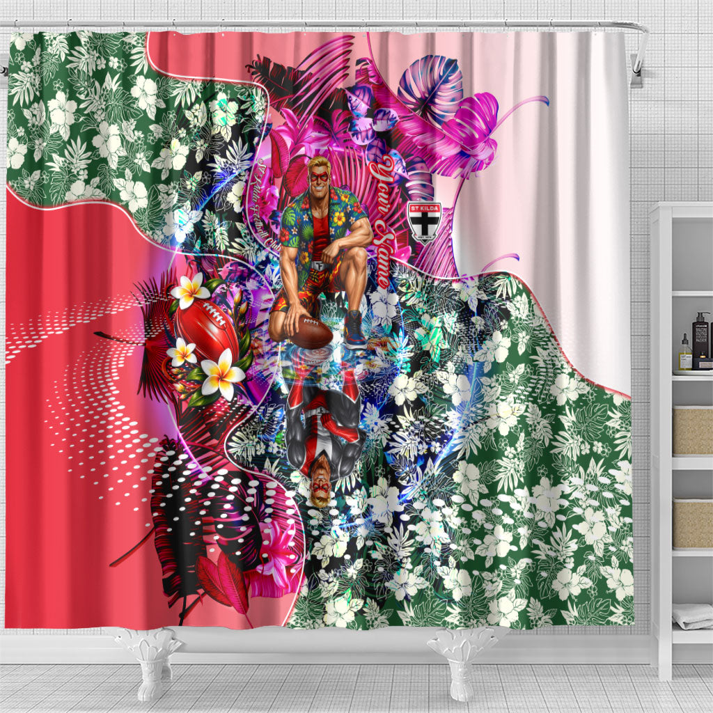 Personalized St Kilda Football Saints Shower Curtain Tropical Hibiscus Flowers - Pacific Fusion Style