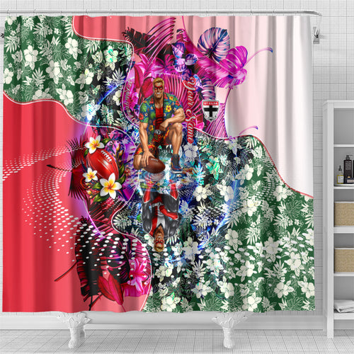 Personalized St Kilda Football Saints Shower Curtain Tropical Hibiscus Flowers - Pacific Fusion Style