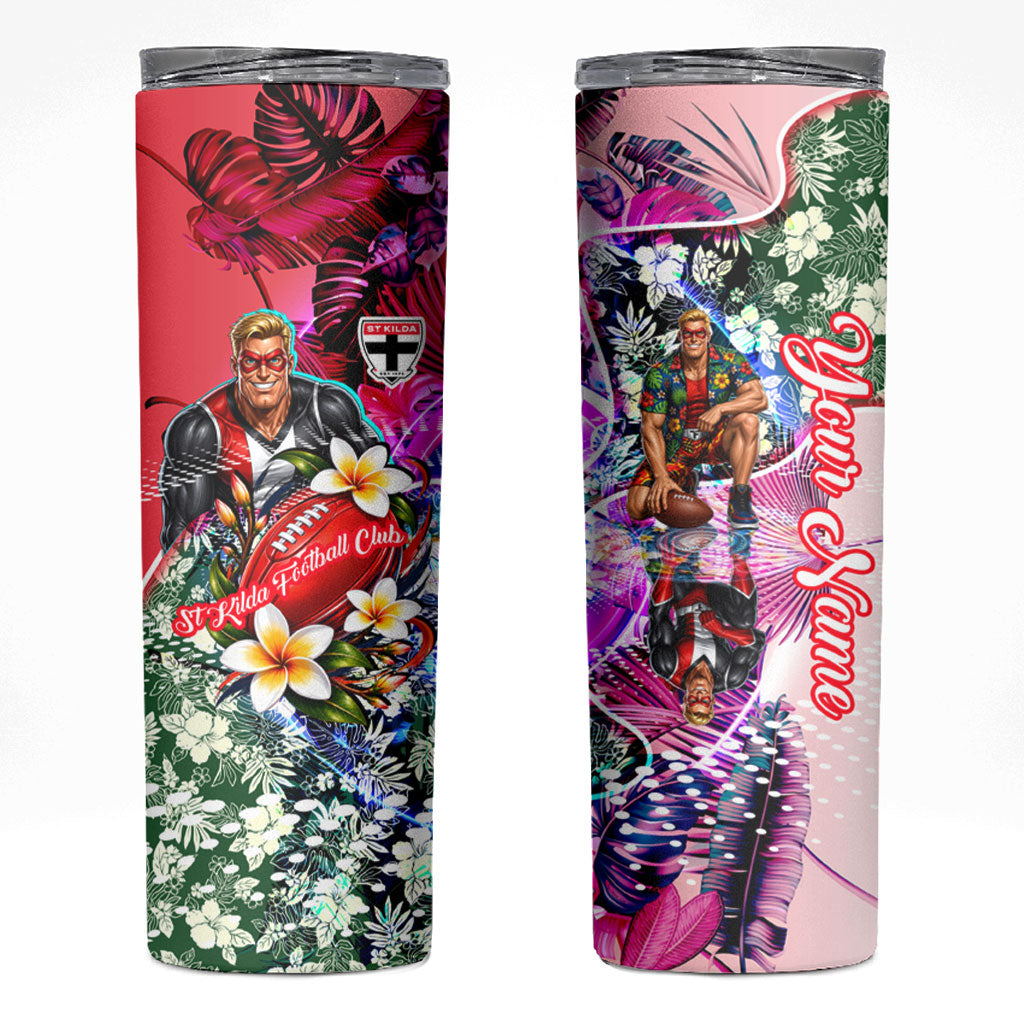 Personalized St Kilda Football Saints Skinny Tumbler Tropical Hibiscus Flowers - Pacific Fusion Style