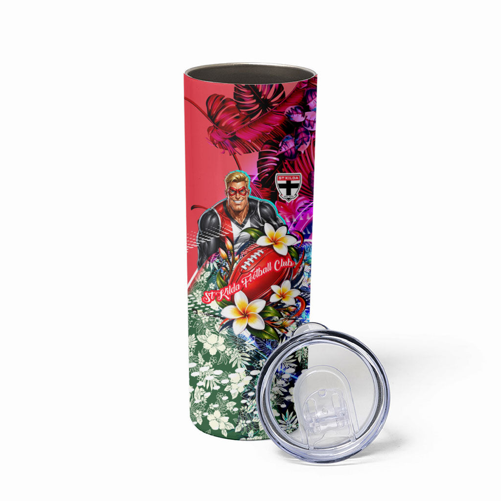 Personalized St Kilda Football Saints Skinny Tumbler Tropical Hibiscus Flowers - Pacific Fusion Style
