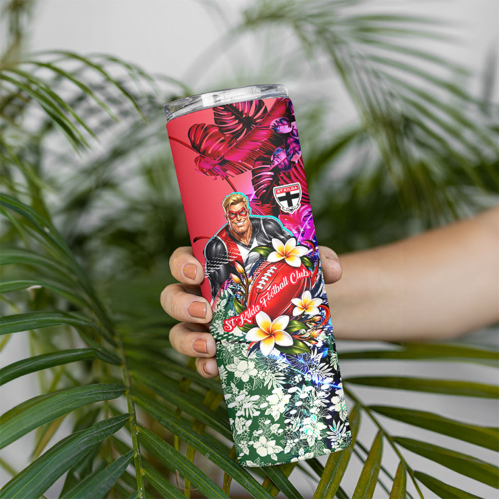 Personalized St Kilda Football Saints Skinny Tumbler Tropical Hibiscus Flowers - Pacific Fusion Style