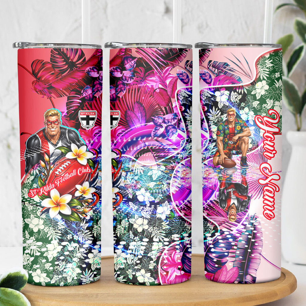 Personalized St Kilda Football Saints Skinny Tumbler Tropical Hibiscus Flowers - Pacific Fusion Style
