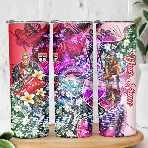 Personalized St Kilda Football Saints Skinny Tumbler Tropical Hibiscus Flowers - Pacific Fusion Style
