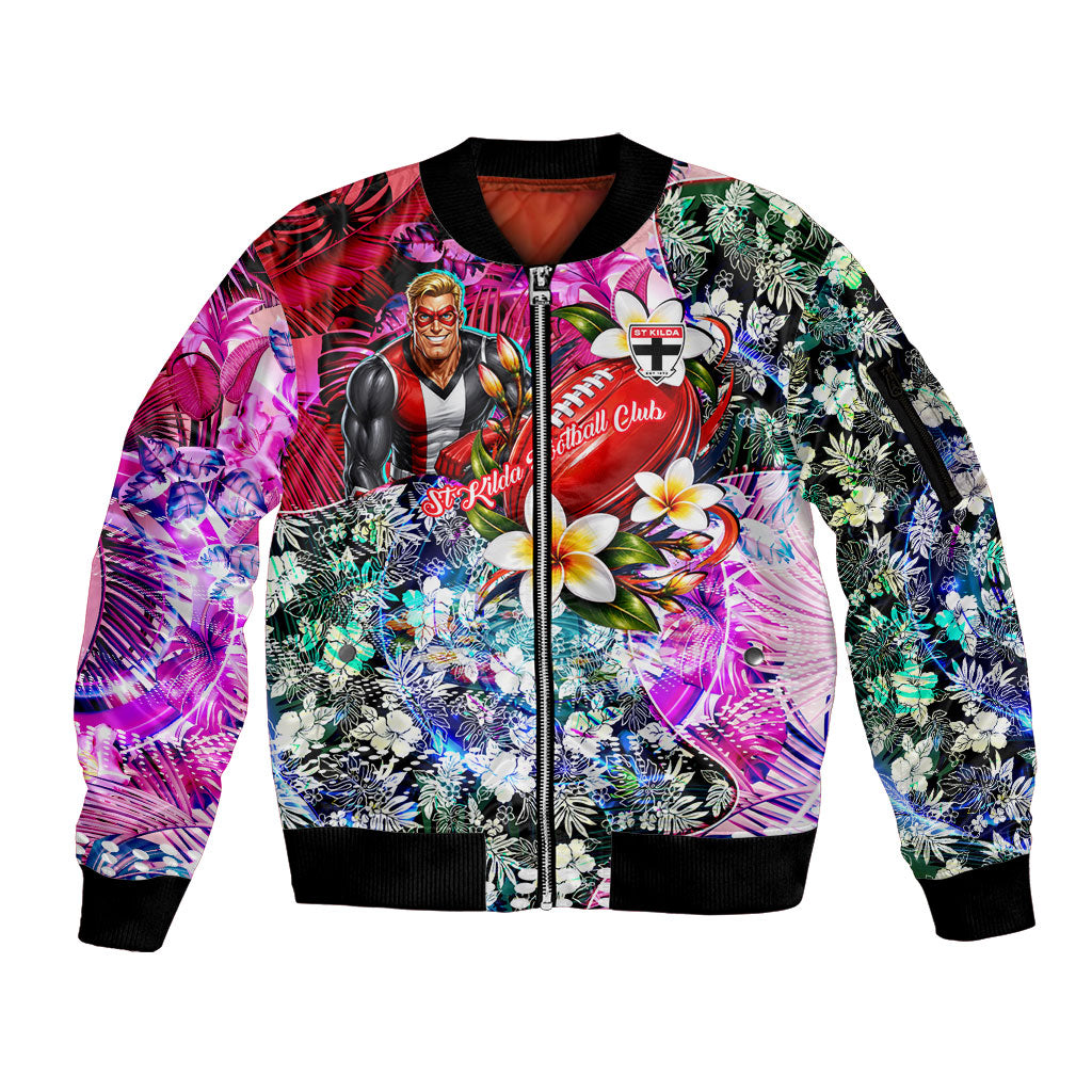 Personalized St Kilda Football Saints Sleeve Zip Bomber Jacket Tropical Hibiscus Flowers - Pacific Fusion Style