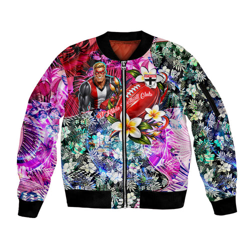 Personalized St Kilda Football Saints Sleeve Zip Bomber Jacket Tropical Hibiscus Flowers - Pacific Fusion Style