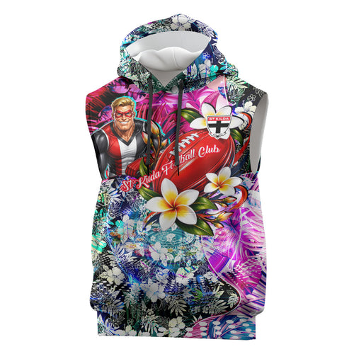 Personalized St Kilda Football Saints Sleeveless Hoodie Tropical Hibiscus Flowers - Pacific Fusion Style