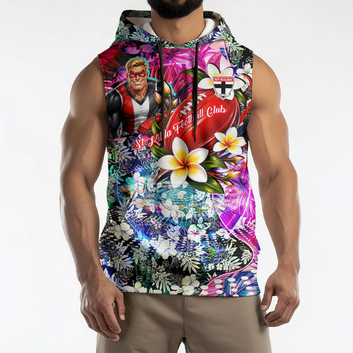 Personalized St Kilda Football Saints Sleeveless Hoodie Tropical Hibiscus Flowers - Pacific Fusion Style