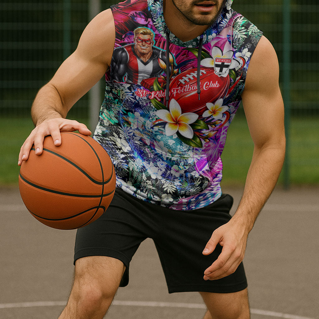 Personalized St Kilda Football Saints Sleeveless Hoodie Tropical Hibiscus Flowers - Pacific Fusion Style