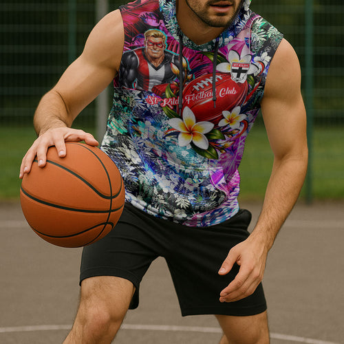 Personalized St Kilda Football Saints Sleeveless Hoodie Tropical Hibiscus Flowers - Pacific Fusion Style