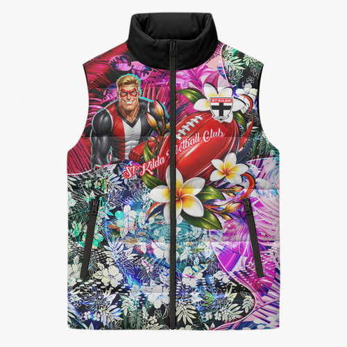 Personalized St Kilda Football Saints Sleeveless Puffer Jacket Tropical Hibiscus Flowers - Pacific Fusion Style