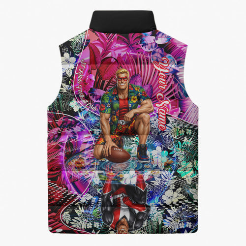Personalized St Kilda Football Saints Sleeveless Puffer Jacket Tropical Hibiscus Flowers - Pacific Fusion Style