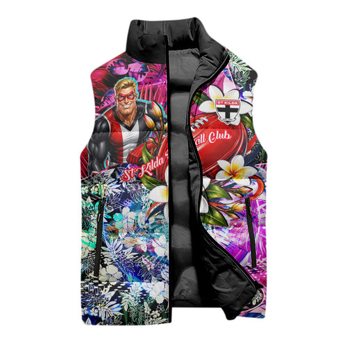 Personalized St Kilda Football Saints Sleeveless Puffer Jacket Tropical Hibiscus Flowers - Pacific Fusion Style