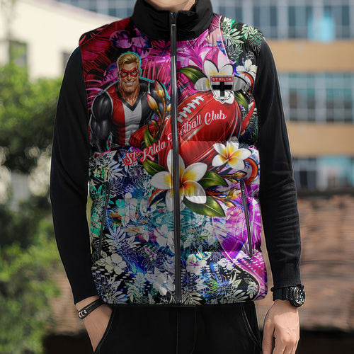 Personalized St Kilda Football Saints Sleeveless Puffer Jacket Tropical Hibiscus Flowers - Pacific Fusion Style