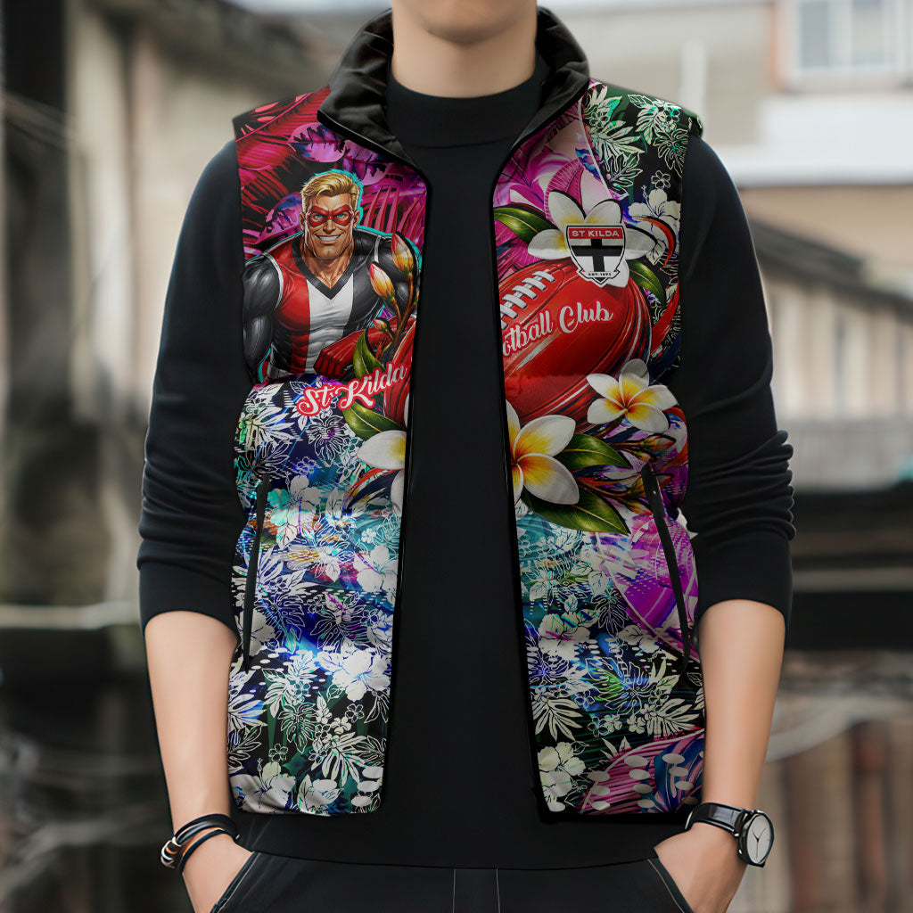 Personalized St Kilda Football Saints Sleeveless Puffer Jacket Tropical Hibiscus Flowers - Pacific Fusion Style