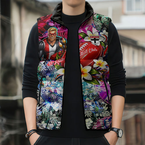 Personalized St Kilda Football Saints Sleeveless Puffer Jacket Tropical Hibiscus Flowers - Pacific Fusion Style