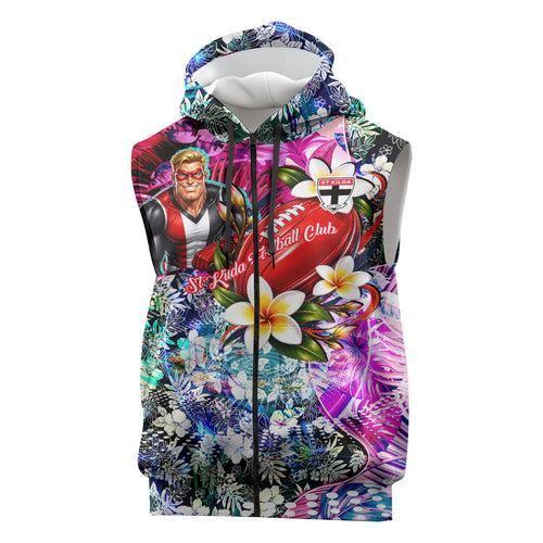 Personalized St Kilda Football Saints Sleeveless Zip Hoodie Tropical Hibiscus Flowers - Pacific Fusion Style