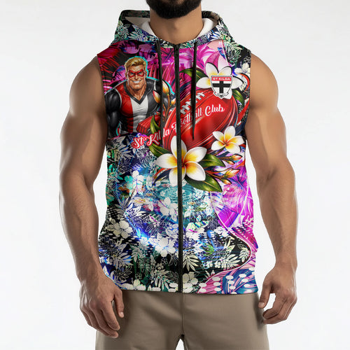 Personalized St Kilda Football Saints Sleeveless Zip Hoodie Tropical Hibiscus Flowers - Pacific Fusion Style