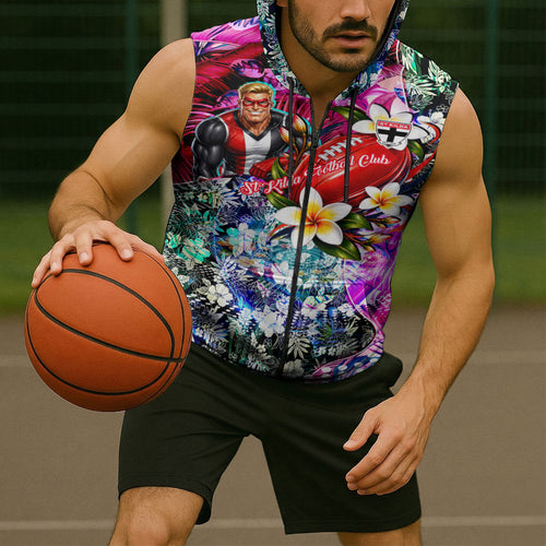 Personalized St Kilda Football Saints Sleeveless Zip Hoodie Tropical Hibiscus Flowers - Pacific Fusion Style