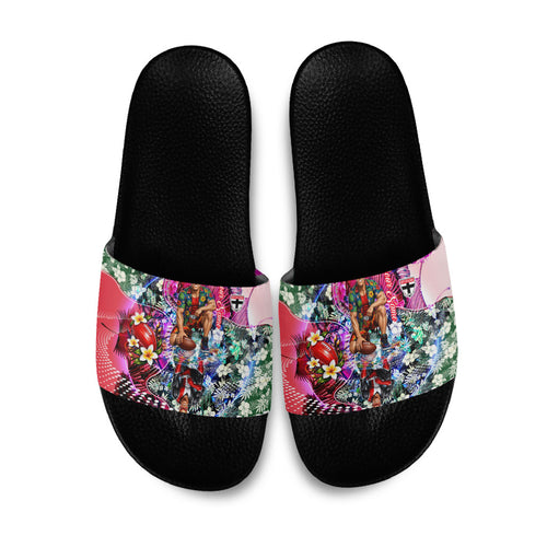 Personalized St Kilda Football Saints Slide Sandals Tropical Hibiscus Flowers - Pacific Fusion Style