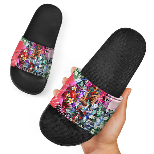 Personalized St Kilda Football Saints Slide Sandals Tropical Hibiscus Flowers - Pacific Fusion Style