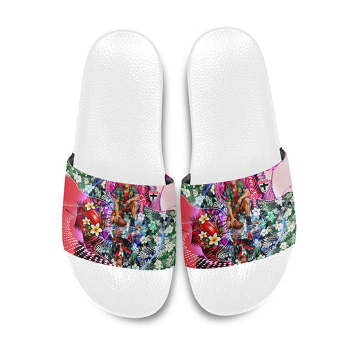 Personalized St Kilda Football Saints Slide Sandals Tropical Hibiscus Flowers - Pacific Fusion Style