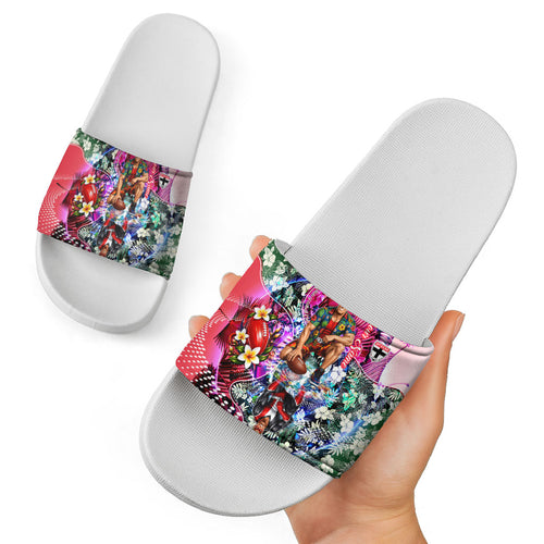 Personalized St Kilda Football Saints Slide Sandals Tropical Hibiscus Flowers - Pacific Fusion Style