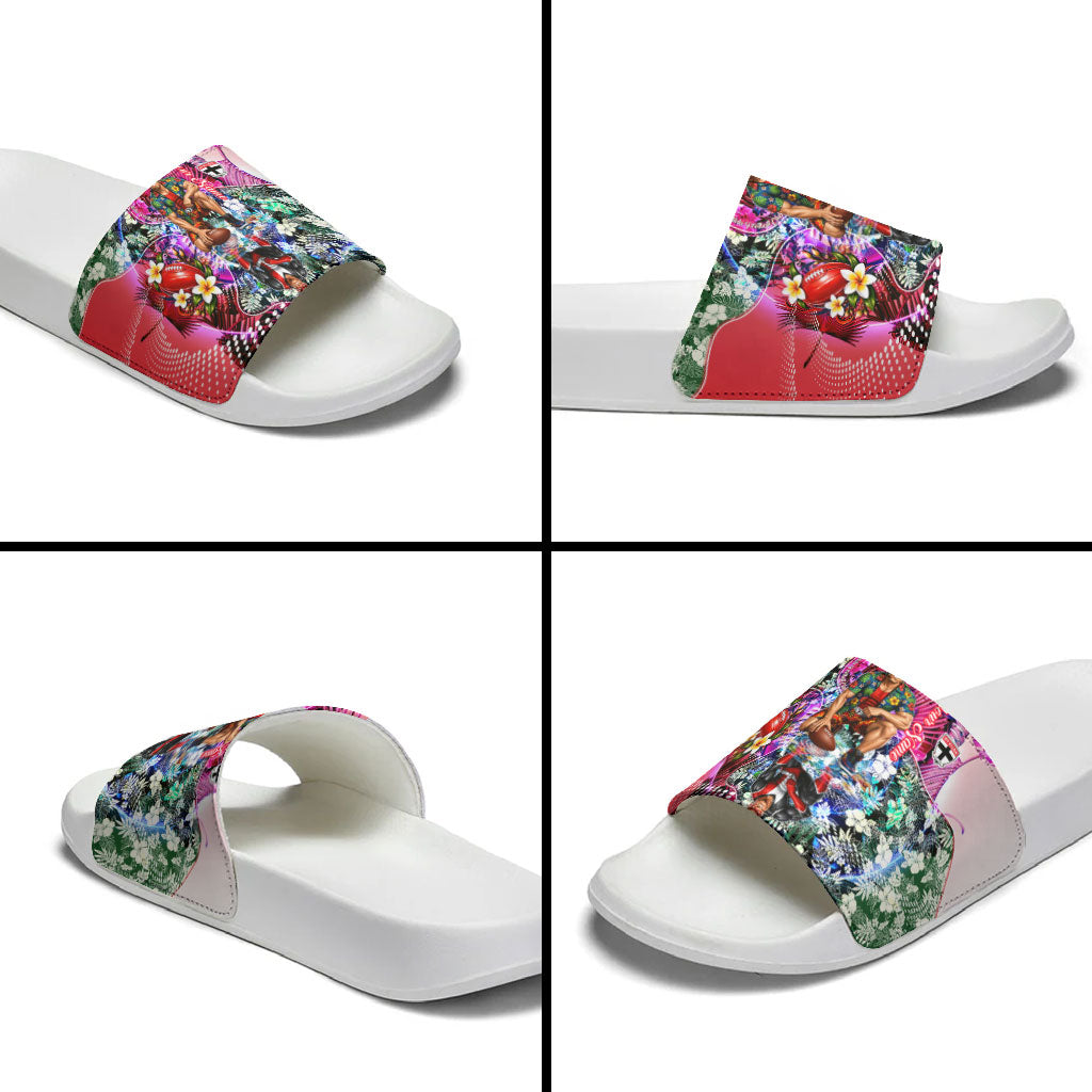 Personalized St Kilda Football Saints Slide Sandals Tropical Hibiscus Flowers - Pacific Fusion Style
