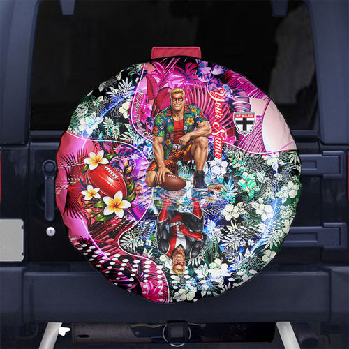 Personalized St Kilda Football Saints Spare Tire Cover Tropical Hibiscus Flowers - Pacific Fusion Style