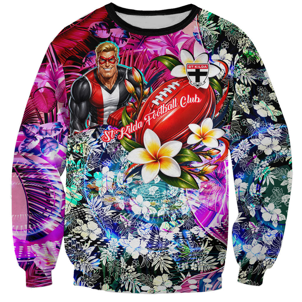 Personalized St Kilda Football Saints Sweatshirt Tropical Hibiscus Flowers - Pacific Fusion Style